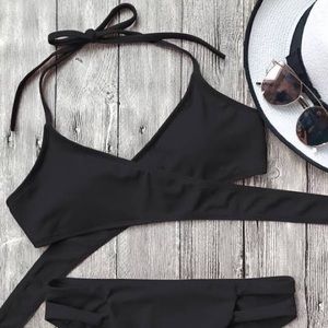 Black Bikini Halter Wrap Top